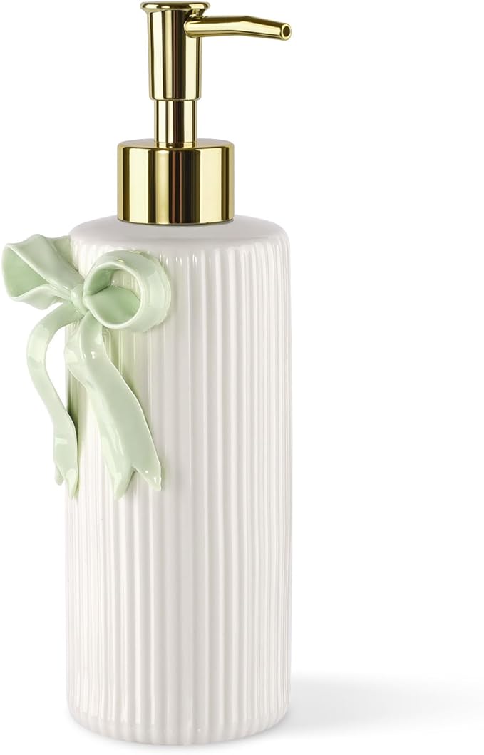 Handmade Ceramic Bow Soap Pump Dispenser Hand Lotion Liquid Dispenser Refillable for Kitchen and Bathroom Decorative (Ribbon Green)