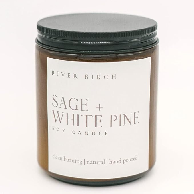 River Birch Candles Sage + White Pine Scented Candle | Premium, All-Natural, Non-Toxic, Soy Amber Jar Candles | 8.5oz 40 Hr Burn Time | Cozy Relaxing Gifts for Home