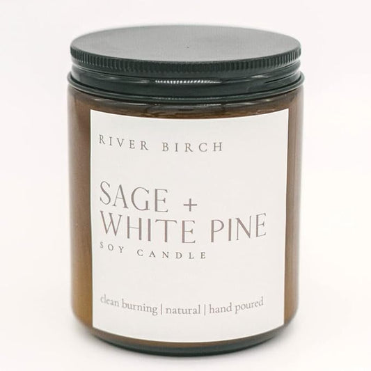River Birch Candles Sage + White Pine Scented Candle | Premium, All-Natural, Non-Toxic, Soy Amber Jar Candles | 8.5oz 40 Hr Burn Time | Cozy Relaxing Gifts for Home