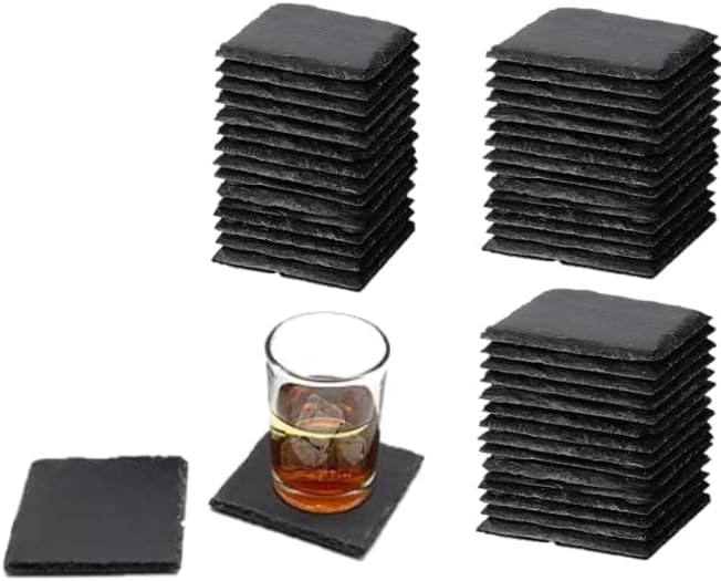 40 Pieces Coasters for Drinks, 4 x 4 Inch Slate Black Stone Coasters Bulk Square Rock Rustic Coasters with Anti-Scratch Backing for Bar, Gifts, DIY, Kitchen, Home Decor