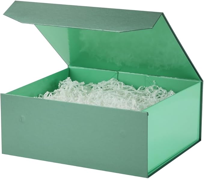 1 Pcs Green Gift Box Large 13x11x5.3 Inch Large Black Gift Box Large Magnetic Gift Box with Crinkle Paper Green Large Gift Box with Shredded Paper Luxury Gift Boxes with Lids for Presents