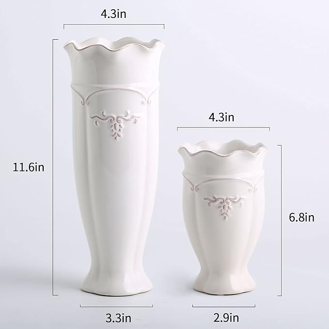 hjn White Ceramic Vase- French Flower Vase for Decor Small Vintage Vases for Flowers/Home Decoration/Kitchen/Table/Living Room/Shelf/Mantel/Office-Height-6.8"
