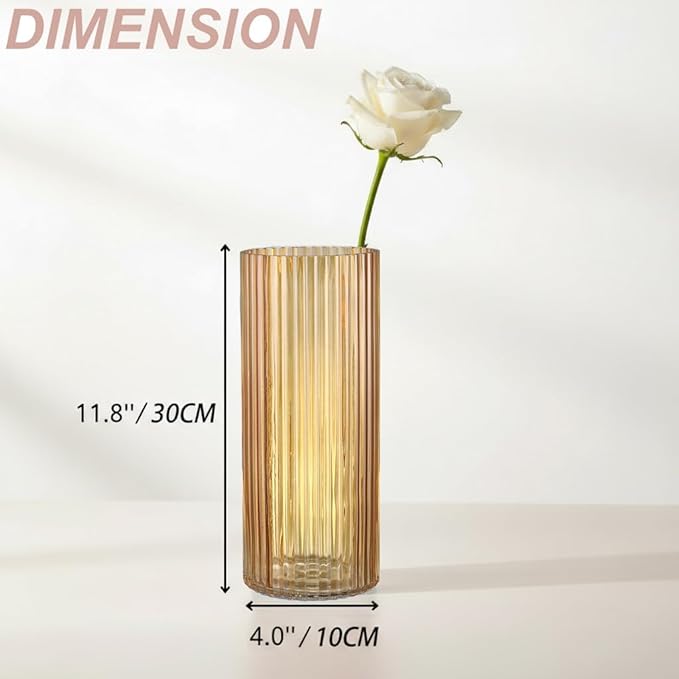 Amber Glass Vase for Flowers, Ribbed Glass Vases, Tall Glass Vases for Tulips, Modern Glass Vase for Living Room, Dining Table, Office, Wedding, Bookshelf, 12 Inches
