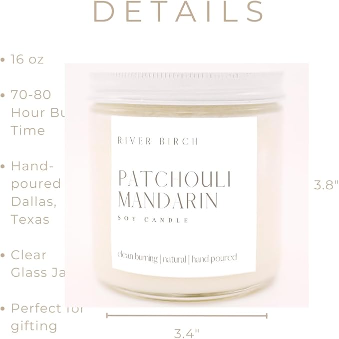 River Birch Candles Patchouli Mandarin Scented Candle | Premium, All-Natural, Non-Toxic, Soy Candles | 16oz 90 Hr Burn Time | Cozy Relaxing Gifts for Home