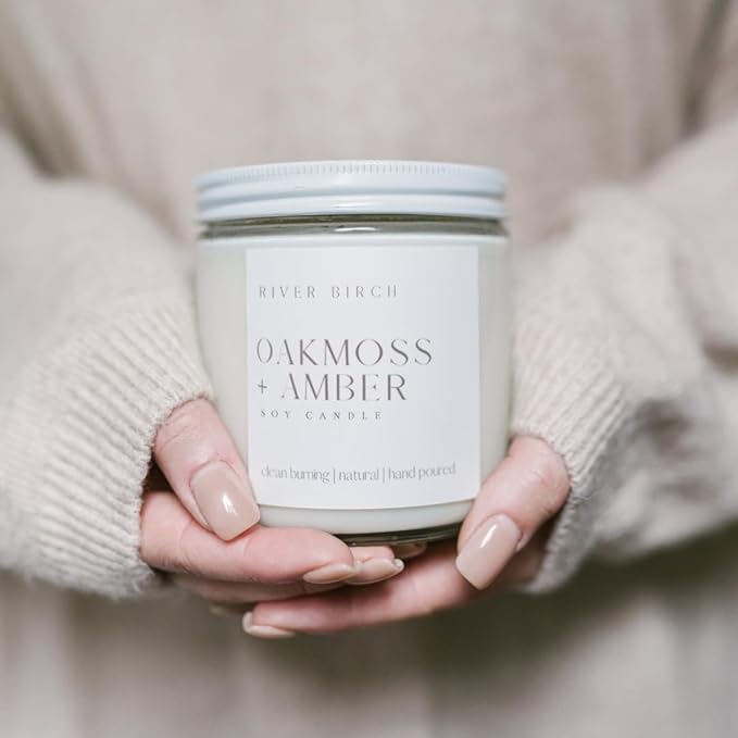 River Birch Candles Oakmoss + Amber Scented Candle | Premium, All-Natural, Non-Toxic, Soy Wax | 16oz 90 Hr Burn Time | Cozy Relaxing Gifts for Home