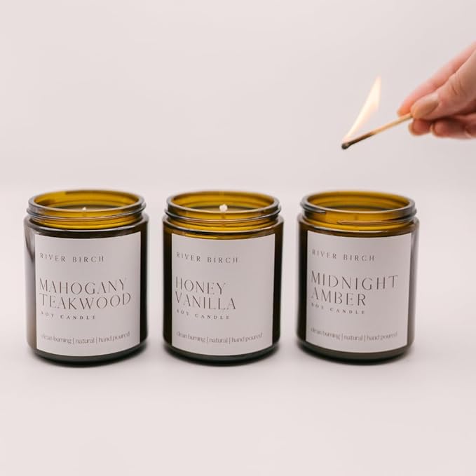 River Birch Candles Lavender + Apricot Scented Candle | Premium, All-Natural, Non-Toxic, Soy Wax, Amber Jar | 8.5oz 40 Hr Burn Time | Cozy Relaxing Gifts for Home