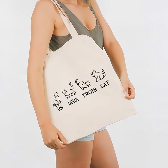Funny Canvas Tote Bag, Un Deux Trois Cat Tote Bag, Casual Canvas Totes for Work Traveling, Reusable Grocery Shoulder Shopping Bags, Christmas Gifts to Women Friends