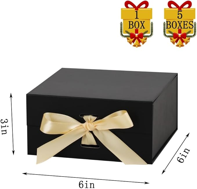 Skivra Black Gift Box with Ribbon - 1 Pack, 6x6x3 Inch Small Rectangle Collapsible Luxury Gift Box with Magnetic Lid Closure, Shredded Paper Filler & Card