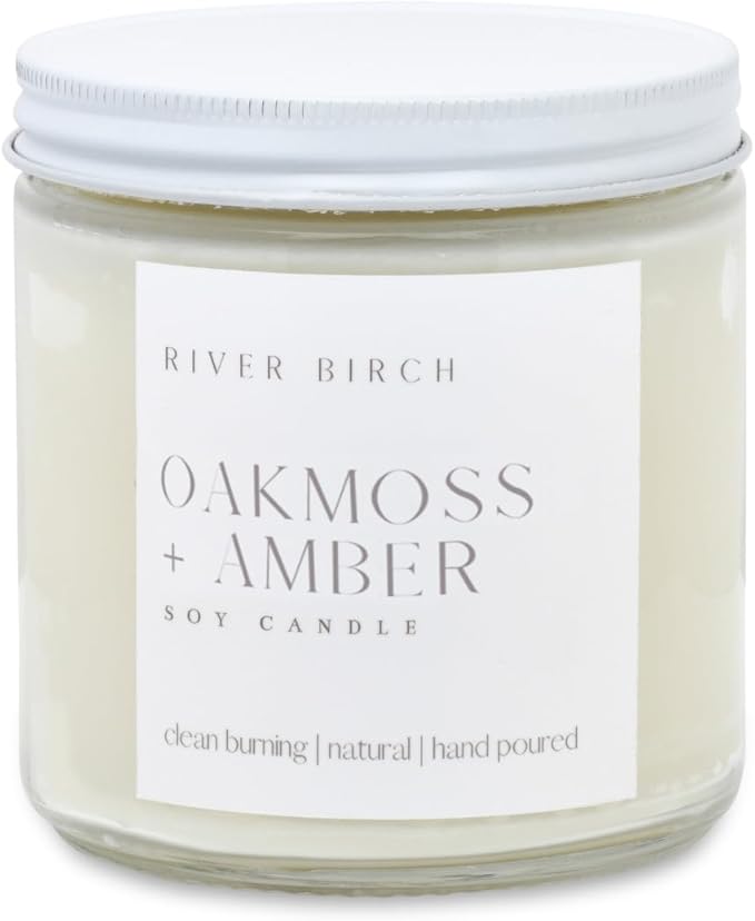 River Birch Candles Oakmoss + Amber Scented Candle | Premium, All-Natural, Non-Toxic, Soy Wax | 16oz 90 Hr Burn Time | Cozy Relaxing Gifts for Home