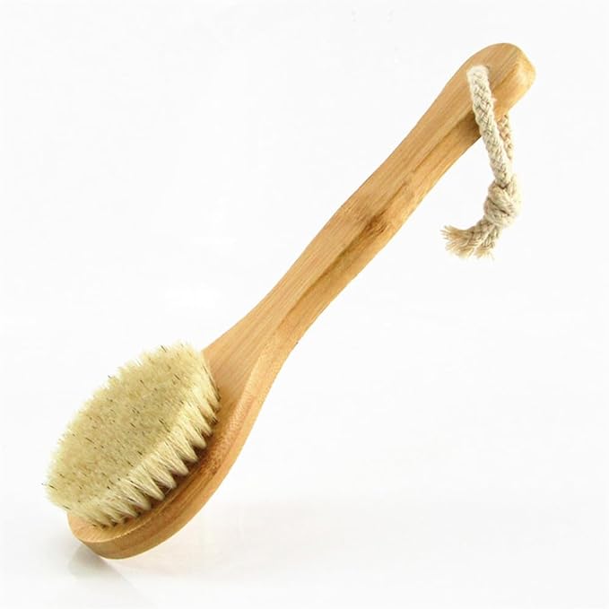 9.84" Short Handle Dry Body Brush Back Scrubber, Bamboo Handle and Natural Boar Bristles Bath & Shower Brush, Good for Blood Circulation, Exfoliating, Cellulite and Detox, etc.