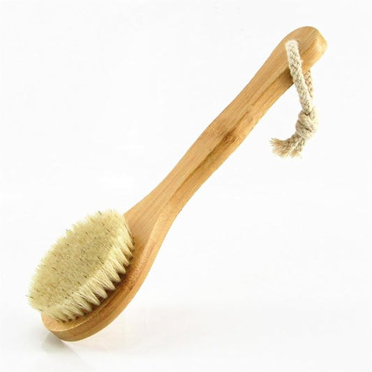 9.84" Short Handle Dry Body Brush Back Scrubber, Bamboo Handle and Natural Boar Bristles Bath & Shower Brush, Good for Blood Circulation, Exfoliating, Cellulite and Detox, etc.