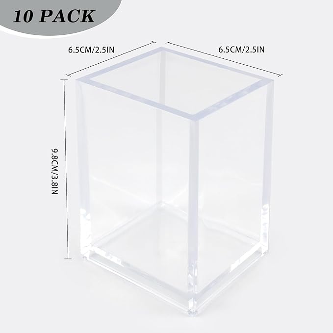 10 Pack Clear Acrylic Pen Holder for Desk, Pencil Cup Makeup Brush Organizer, Square Acrylic Pencil Holders for Office School Home Supplies, Desktop Stationery Organizer for Pens Markers Brushes