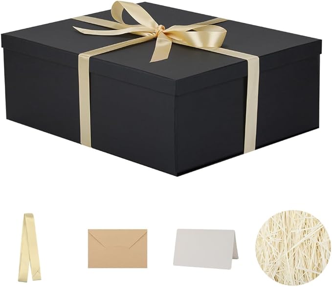 Extra Large Gift Box with Lid 17x13x6 Inches, Black Gift Boxes for presents Packaging for Birthdays, Valentine's Day, Christmas, Anniversaries (Include Shredded Paper Fill, Envelope Card Ribbon)