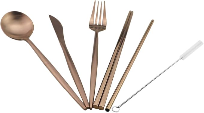 Gugrida Luxury Rose Gold Matte Portable 18/10 Stainless Steel Travel Flatware Sets of 7 Portable Camping Cutlery Set, Healthy & Eco-Friendly Flatware Set with Carrying Case for Travel or Camping