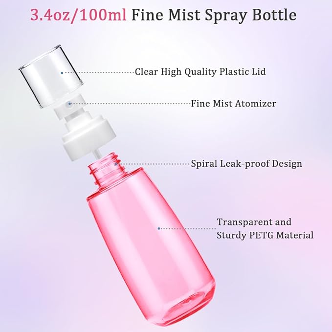 Cosywell Fine Mist Spray Bottle 3.4oz/ 100ml Empty Cosmetic Refillable Travel Containers Plastic Hair Spray Bottle Sprayer for Perfume Skincare Makeup Lotion (8color)