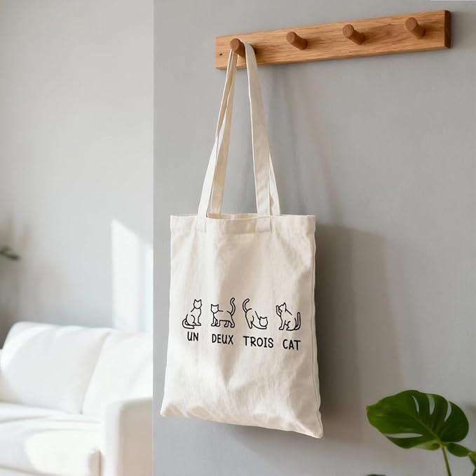 Funny Canvas Tote Bag, Un Deux Trois Cat Tote Bag, Casual Canvas Totes for Work Traveling, Reusable Grocery Shoulder Shopping Bags, Christmas Gifts to Women Friends