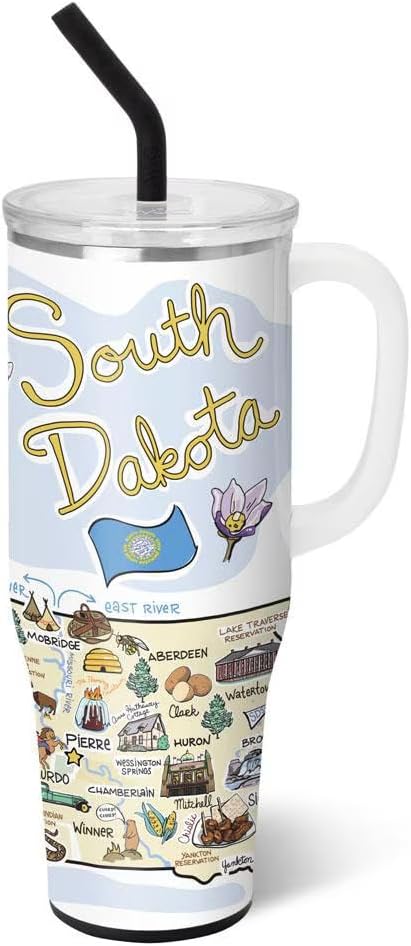 Swig Life 40oz Mega Mug, 40oz Tumbler with Handle and Straw, Extra Large Insulated Tumblers, Cup Holder Friendly Travel Mug (South Dakota)