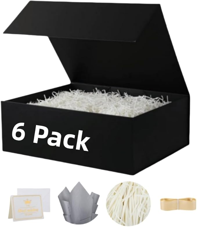 UoeRing 6 Pack Black Gift Box Large 13.5x11.8x4.7 inch Luxury Groomsman Box for Presents with Magnetic Closure Lid Collapsible,Contains Card, Ribbon, Tissue Paper,Shredded Paper Filler