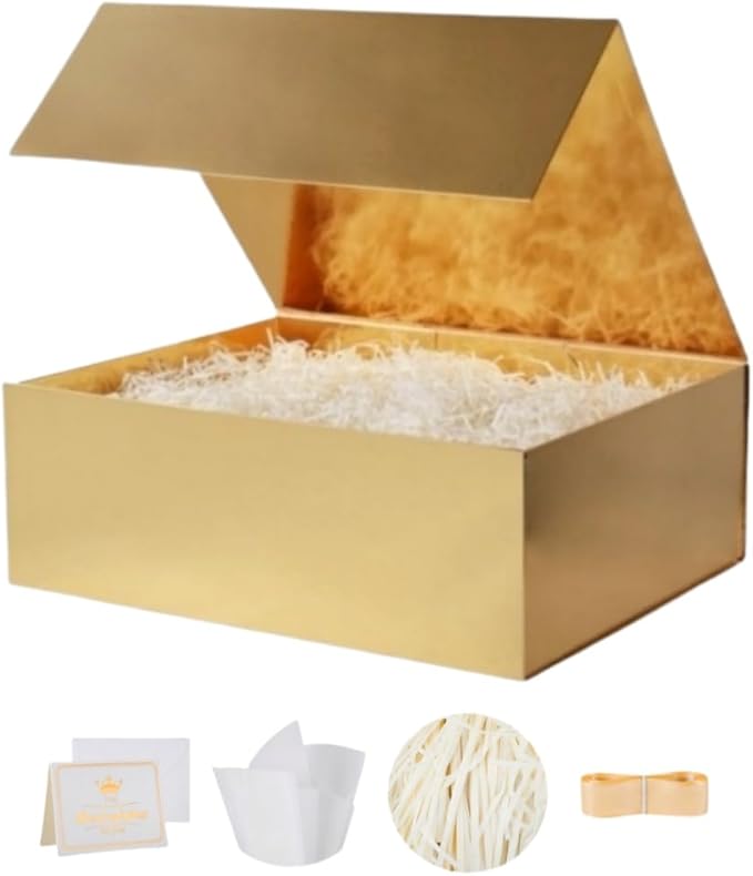UoeRing 1 Pcs Gold Gift Box Large 13.5x11.8x4.7 inch Luxury Gift Box for Presents with Magnetic Closure Lid Collapsible,Birthday,Contains Card, Ribbon, Tissue Paper,Shredded Paper Filler