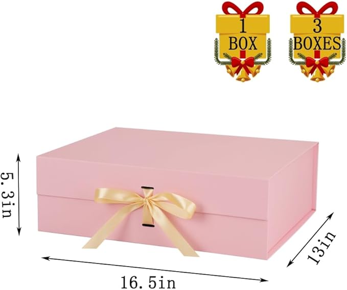Extra Large Magnetic Gift Box with Lids 3 Pack 16.5X13X5.3 Inch Pink Large Gift Box with Ribbon Foldable Gift Boxes for Presents Groomsman Proposal Jumbo Box with Shredded Paper Filler & Cards