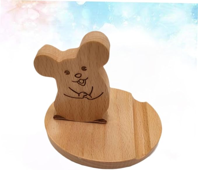 Wooden Desktop Phone Holder Cartoon Mouse Design Portable Stand for Smartphones Tablets Sturdy Ergonomic Viewing for Office Kitchen Nightstand