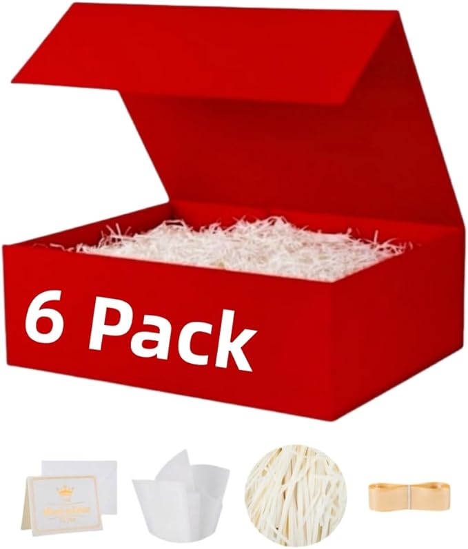 UoeRing 6 Pack Red Gift Box Large 13.5x11.8x4.7 inch Luxury Gift Box for Presents with Magnetic Closure Lid Collapsible,Birthday,Christmas,Contains Card, Ribbon, Tissue Paper,Shredded Paper Filler