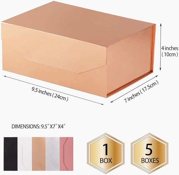 5Pcs 9.5x7x4 Inches RoseGold Gift Box with Lids for Presents Magnetic Gift Box Small Gift Boxes for Packaging，Bridesmaid Proposal，Groomsman (Glossy Rose Gold)