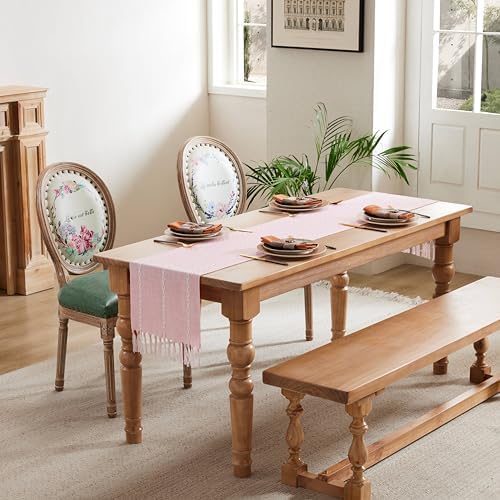 Braided Farmhouse Table Runner,Braided Pink 13x48 Inch, Cotton Linen Table Runners 48 Inches Long, Embroidered Striped Pink Boho Table Runner Rustic Home Decor