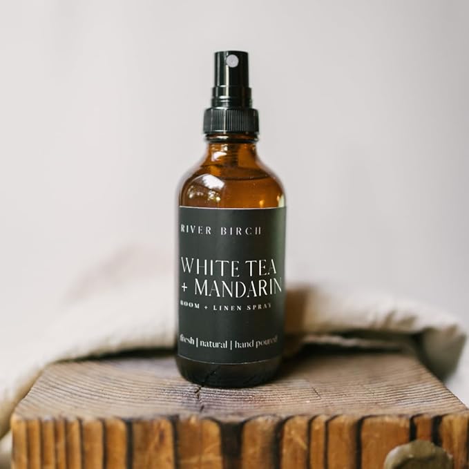 River Birch White Tea + Mandarin Scented Linen and Room Spray | Home Fragrance | 4 oz Glass Amber Bottle | Luxury Signature Scent | Handmade in Texas