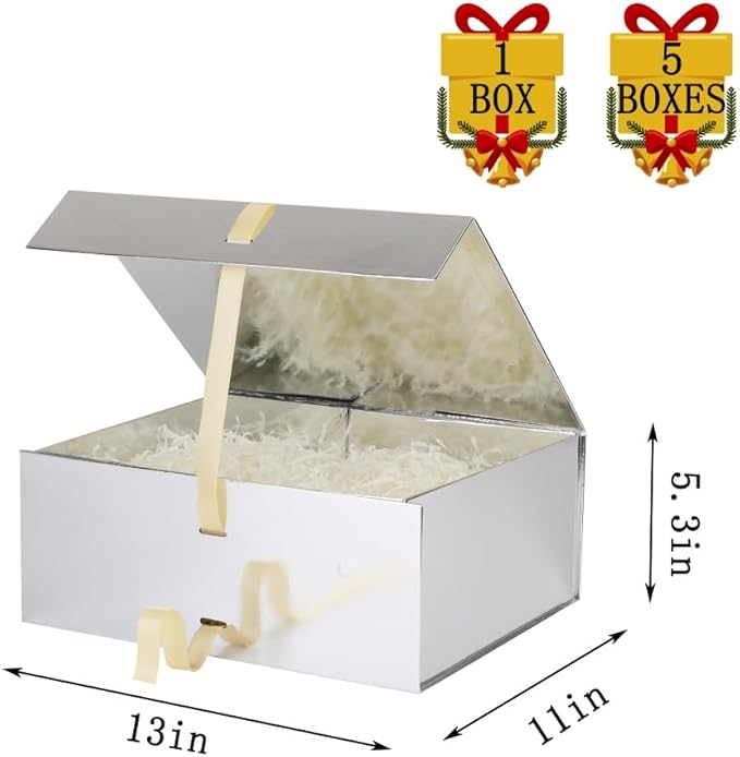 BoxSkivra Large Gift Boxes with Lids 5 Pack 13X11X5.3 Inch Large Silver Gift Box with Shredded Paper for Christmas Gift Box for Presents Groomsman Proposal Box