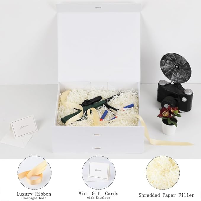 BoxSkivra White Large Gift Box with Ribbon 1 Pack 13X11X5.3 Inch Large Box with Lid Magnetic Closure Rectangle Collapsible Luxury Wrap Box for Weeding Gifts Crinkle Cut Paper Shred with Card