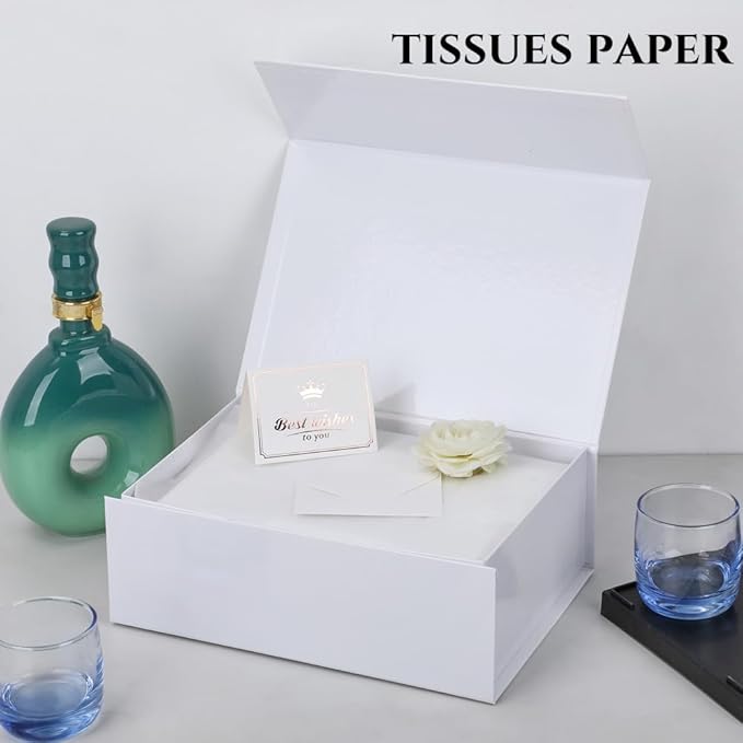 UoeRing 1 Pcs White Gift Box 9.5x6x3 inch Small Luxury Gift Box for Presents with Magnetic Lid Collapsible,Birthday,Christmas,Contains Card, Ribbon, Tissue Paper,Shredded Paper Fille