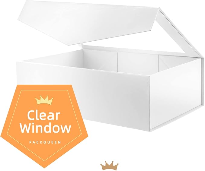 PACKQUEEN Large White Gift Box with Window, 13.5x9x4.1 Inches Clear Gift Box for Present Contains Ribbon, Card, Bridesmaid Proposal Box with Magnetic Lid (Glossy White)