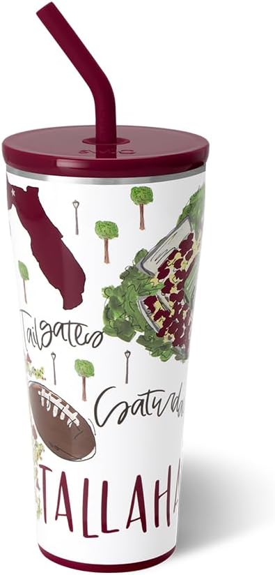 Swig Life 32oz Straw Tumbler, Travel Coffee Tumbler with Lid, Cup Holder Friendly Travel Coffee Mug, Stainless Steel, 32 oz Reusable Insulated Coffee Mug (Saturdays In Tallahassee)