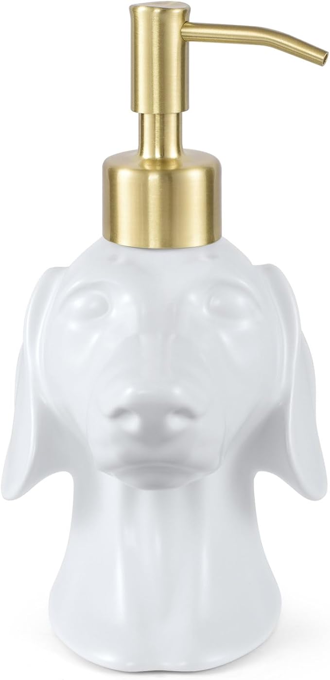 Dachshund Dog Shaped Soap/Lotion/Hand Sanitizer Weiner Ceramic Stainless Steel Pump Dispenser Gift for Dog Lover, Refillable for Kitchen and Bathroom (White)