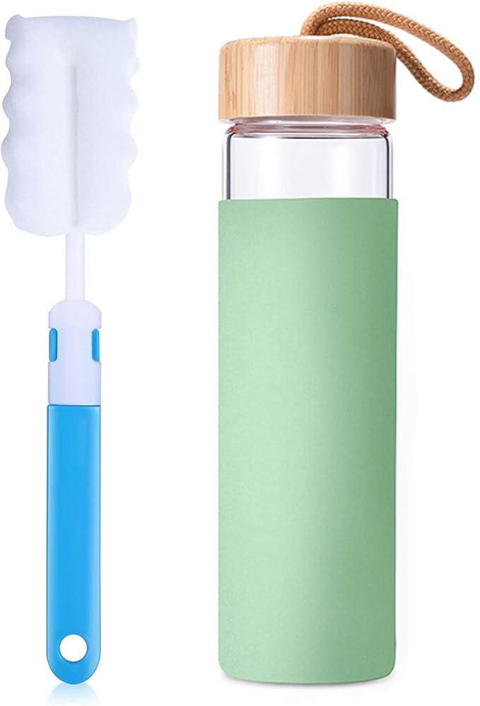 20 Oz Borosilicate Glass Water Bottles with Silicone Sleeve BPA Free, Dishwasher Safe - Reusable Clear Glass Drinking with Leak Proof Bamboo Lid | Perfect Gym Water Bottles for Men & Women