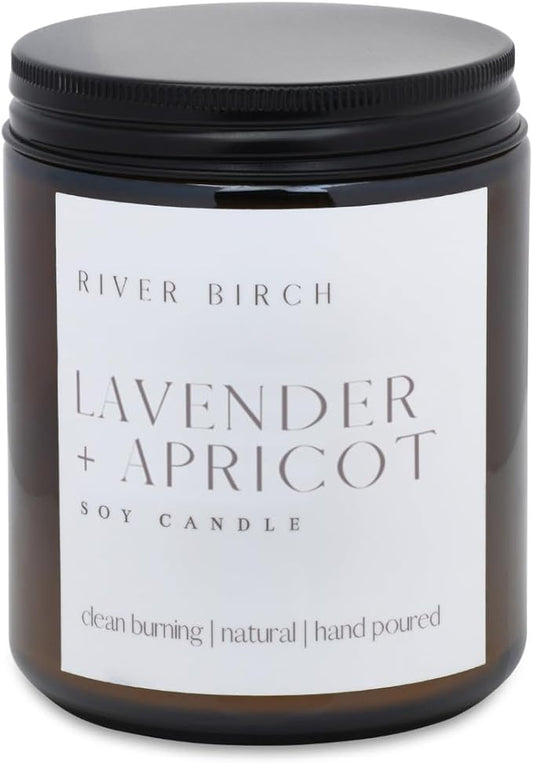 River Birch Candles Lavender + Apricot Scented Candle | Premium, All-Natural, Non-Toxic, Soy Wax, Amber Jar | 8.5oz 40 Hr Burn Time | Cozy Relaxing Gifts for Home