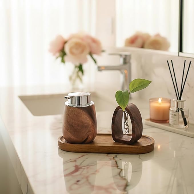 Walnut Wood Soap Dispenser Set with Tray, 7oz/200ml Foaming Hand Soap Dispenser with 6 Labels, Wooden Bathroom Organizer Tray for Toiletries & Aromatherapy, Countertop Bathroom Accessories