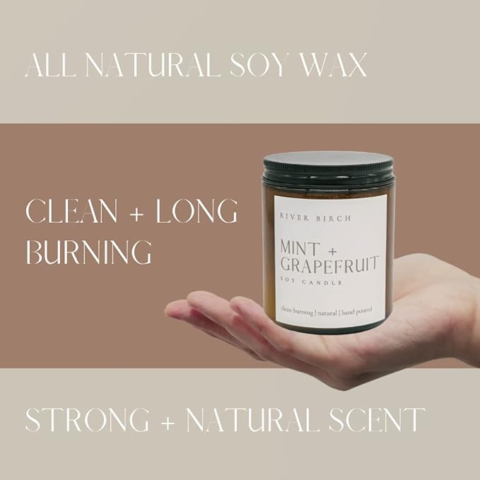 River Birch Candles Mint + Grapefruit Scented Candle | Premium, All-Natural, Non-Toxic, Soy Amber Jar Candles | 8.5oz 40 Hr Burn Time | Cozy Relaxing Gifts for Home