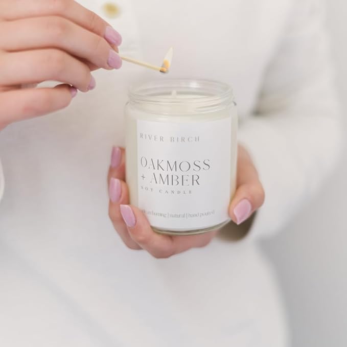River Birch Candles Oakmoss + Amber Scented Candle | Premium, All-Natural, Non-Toxic, Soy Wax | 8.5oz 40 Hr Burn Time | Cozy Relaxing Gifts for Home
