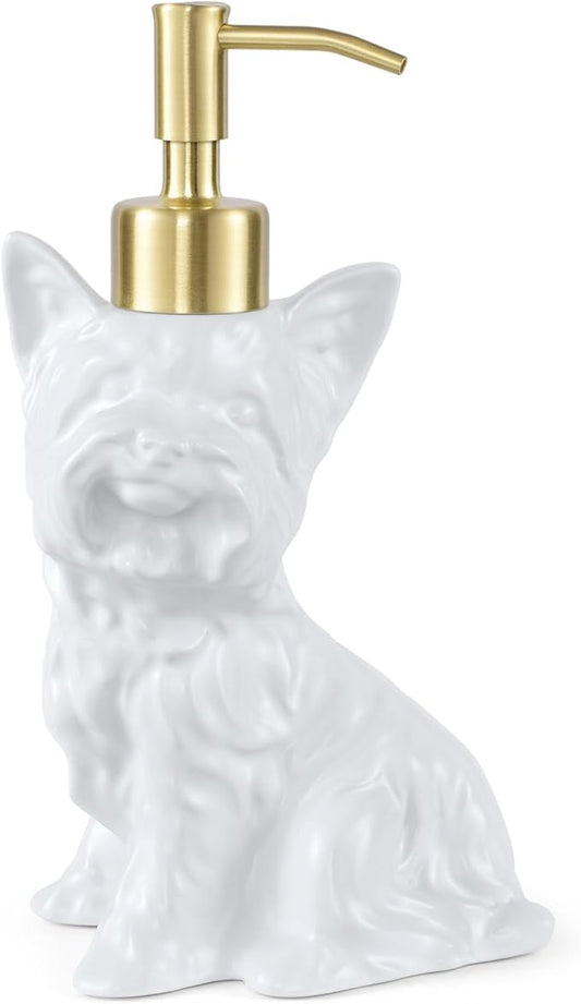Yorkshire Terrier Shaped Soap/Lotion/Hand Sanitizer Dog Lover Stainless Steel Pump Dispenser for Dog Gifts, Refillable for Kitchen and Bathroom(White)