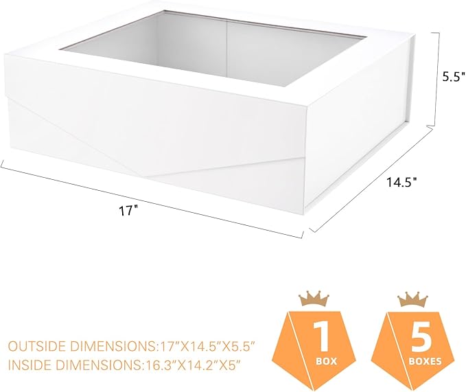 PACKQUEEN Extra Large White Gift Box with Window, 16.3x14.2x5 Inches Clear Gift Box for Present Contains Ribbon, Card, Bridesmaid Proposal Box with Lid (Glossy White)