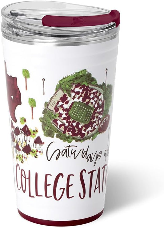 Swig Life 24oz Party Cup, Stackable Insulated Travel Coffee Tumbler with EZ Slider Lid, Cup Holder Friendly, Stainless Steel 24 oz Tumbler, Reusable Mug (Saturdays In College Station)