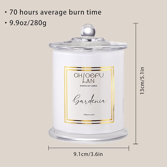 Chloefu LAN Gardenia Scented Candles for Home, Natural Soy Candle for Home Decor, Birthday Candle Gift for Women, 10 oz 65 Hours Burn