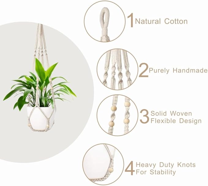 3 Pack Macrame Plant Hanger,Hanging Plant Holder, Boho Home Decor Hanging Basket with Wood Beads,Hanging Planters for Indoor Plants,Plant Hanger Indoor 35"/29"/23" Ivory (POTS NOT Included)