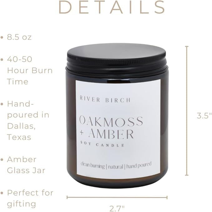 River Birch Candles Oakmoss + Amber Scented Candle | Premium, All-Natural, Non-Toxic, Soy Wax, Amber Jar | 8.5oz 40 Hr Burn Time | Cozy Relaxing Gifts for Home