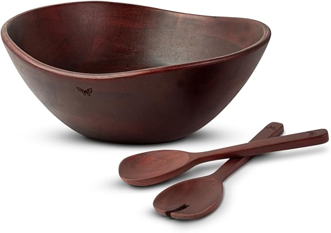Melvvi Large Wooden Salad Bowl Set with 2 Serving Utensils | 12" Acacia Wood Royal Brown color Bowls for Food | Great Gift for Thanksgiving & Christmas (Royal Set of 3)