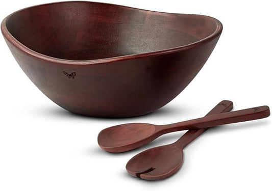 Melvvi Large Wooden Salad Bowl Set with 2 Serving Utensils | 12" Acacia Wood Royal Brown color Bowls for Food | Great Gift for Thanksgiving & Christmas (Royal Set of 3)