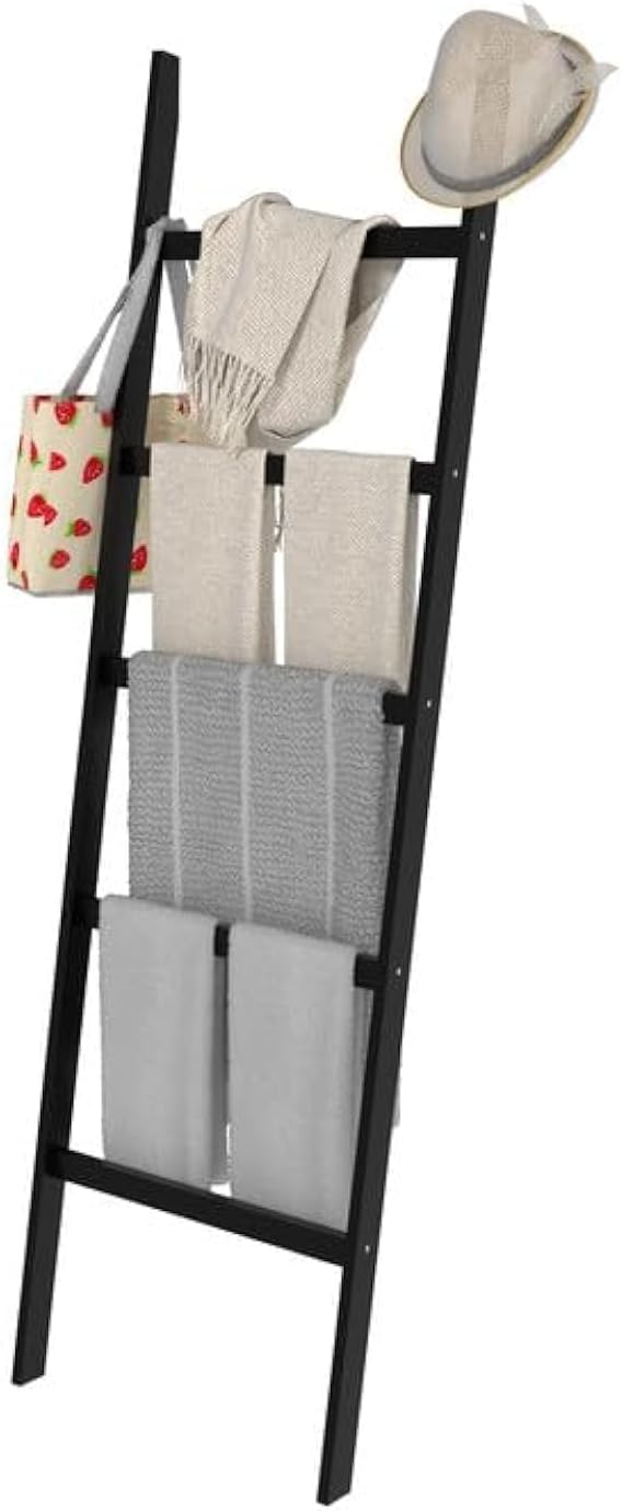Blanket Ladder, Bamboo 5-Layer Towel Racks, Blanket Quilt Towel Holder Rack Decorative Ladder, Easy Assembly, Rustic Farmhouse Ladder Shelf for Living Room, Bedroom, Bathroom, Home Decor, Black