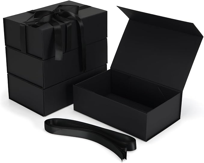 Ditwis 4 Pack 9.5x6x3 Inches Gift Boxes with Magnetic Closure Lids, Black Magnetic Box with Ribbon for Wedding, Groomsmen Bridesmaid Proposal, Birthdays, Mother's Day